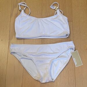 Michael Kors White Ribbed Two-Piece Bikini Set with Gold Accents